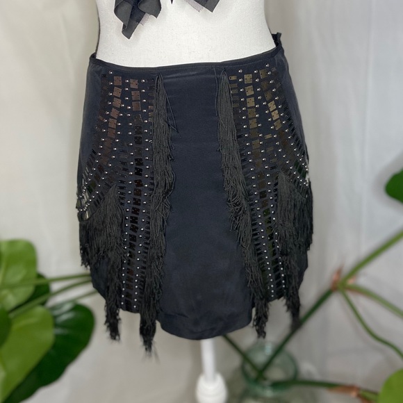 NWT BEBE Black Silk Beaded Fringe Mini Skirt XS - Picture 3 of 10